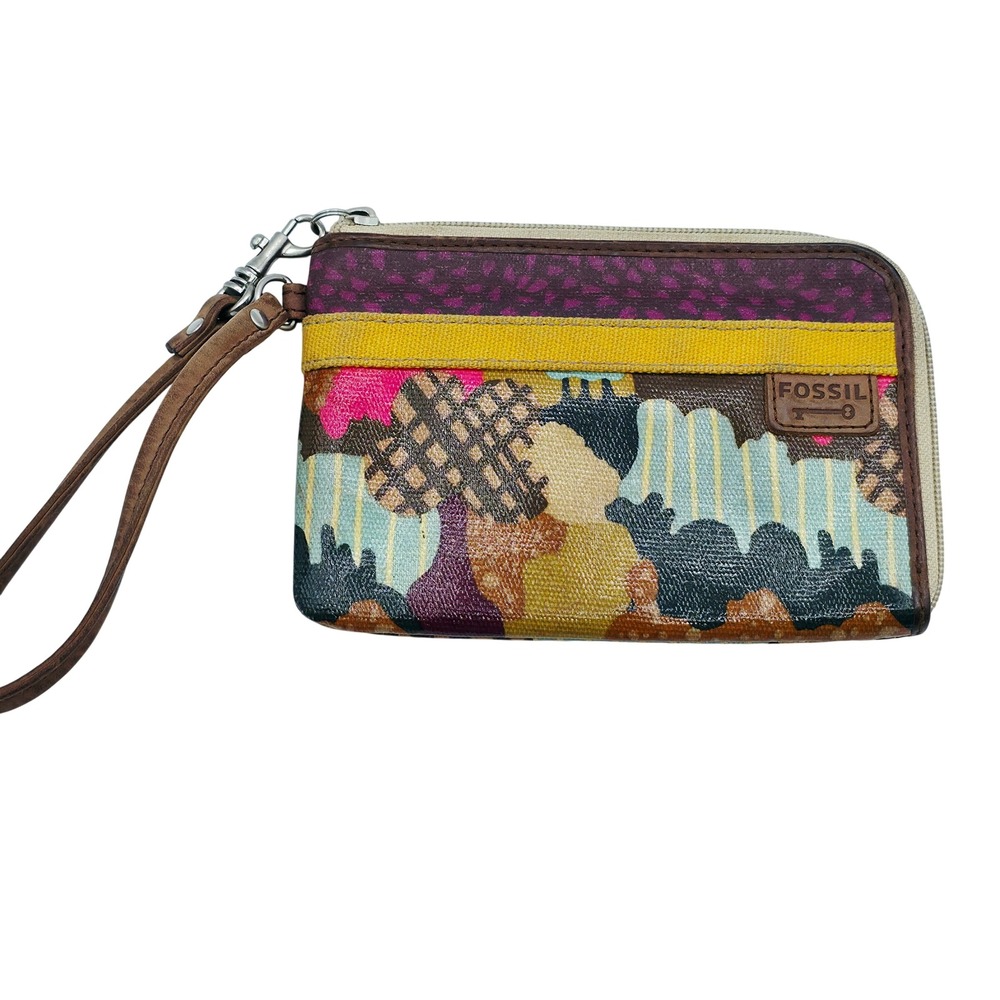 Fossil Key-Per‎ Wristlet Wallet Womens Small Multicolor Abstract Bohemian Canvas